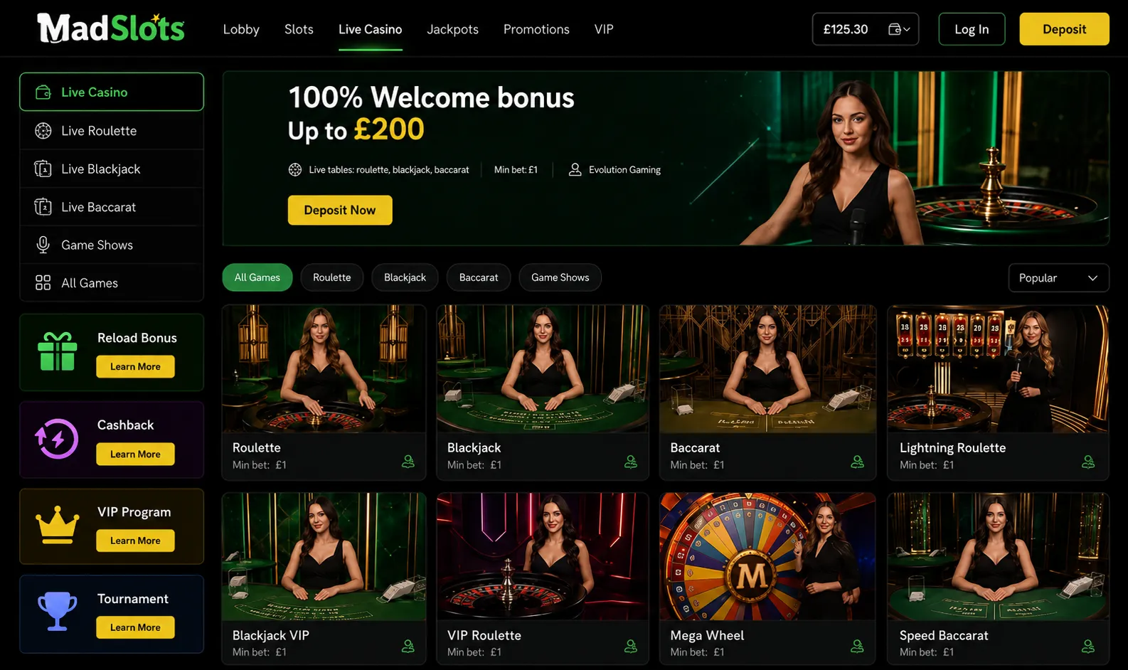 Live casino options on mobile - MadSlots app